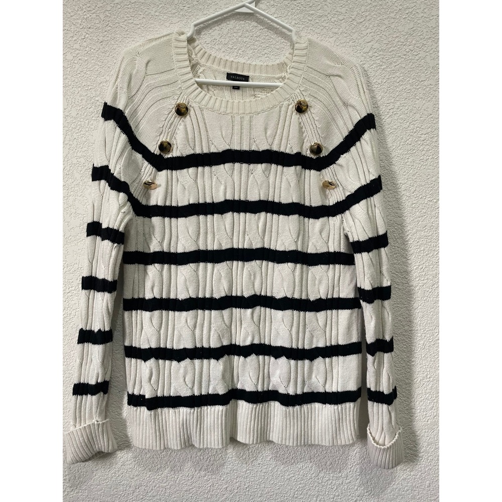 Talbots Women's Cream Black‎ Striped Cable Knit Button Accent Sweater